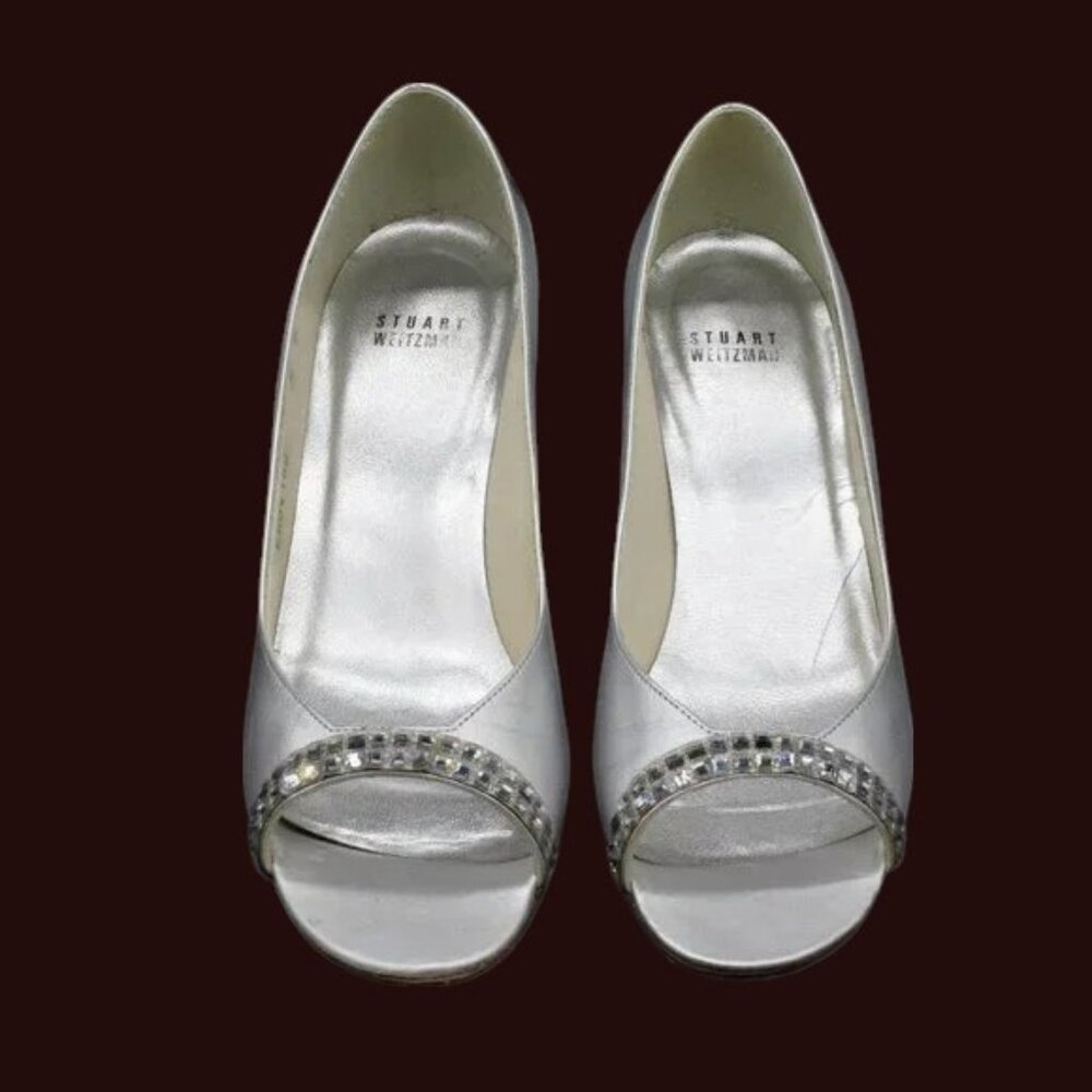 EUC Stuart Weitzman Silver & Rhinestone Peep Toe Pumps  SirenRitz Ice Stunning